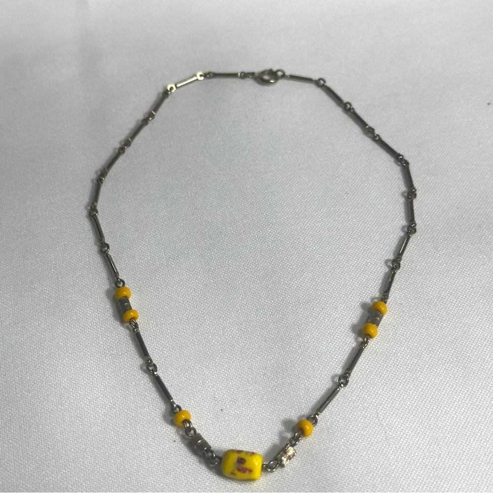 Yellow Glass Beads & Gold Tone Link Choker Necklace Boho Chic Feminine Delicate